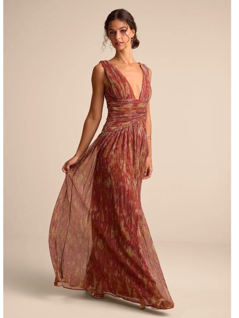 NWT Lulus Evaluna Rust Abstract Print Lurex Pleated Maxi Dress S